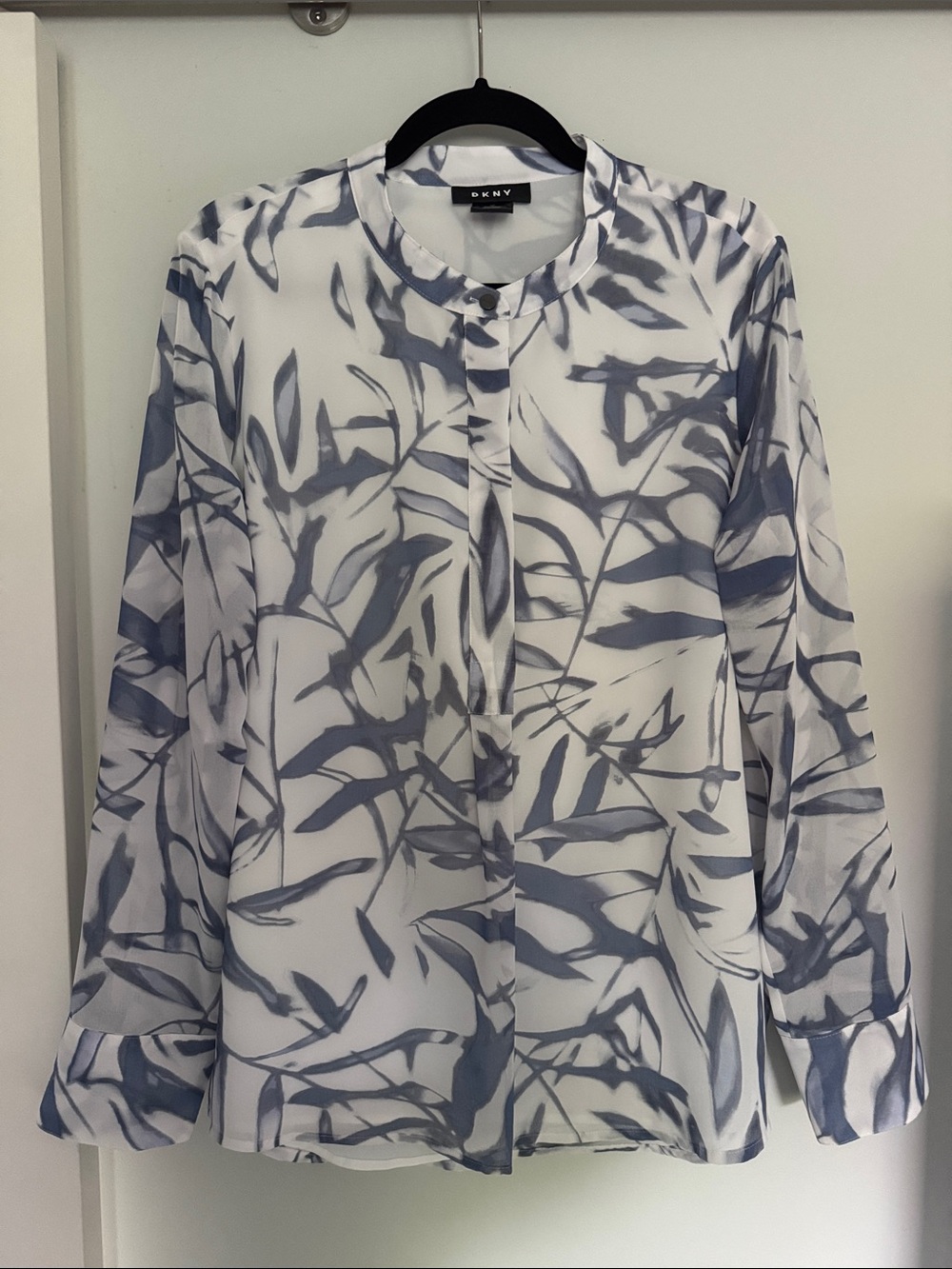 DKNY White Blouse with Blue Leaf Print